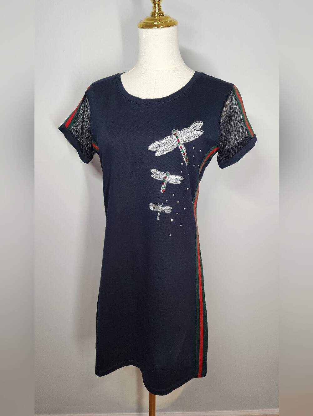 Sogo Black Mini Dress Mesh Sleeves Red Green Stripes Crystal Embroidery Size M